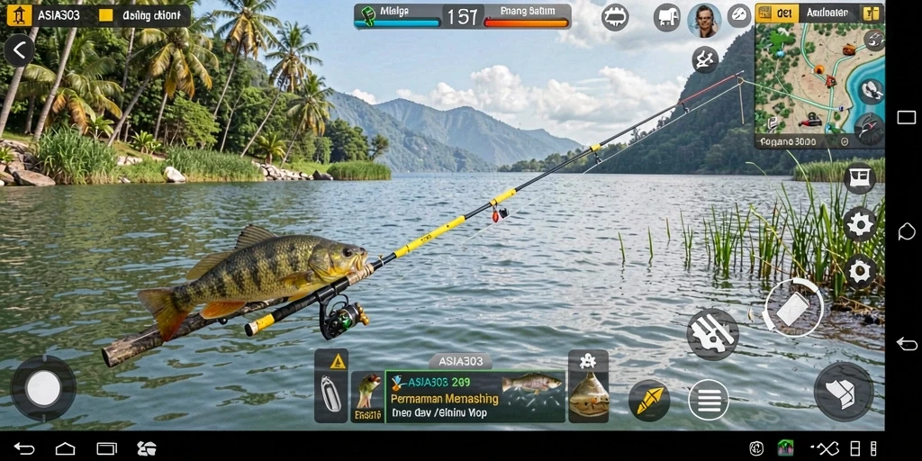 Tampilan gameplay <strong>ASIA303</strong> saat menangkap ikan di danau yang indah.