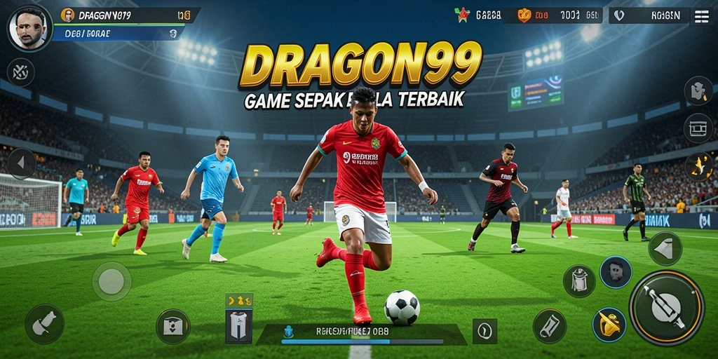 Tangkapan layar gameplay <strong>DRAGON99</strong> menampilkan aksi seru di lapangan sepak bola.