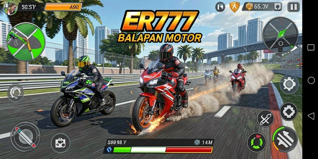 Tampilan gameplay seru balapan motor ER777 yang mendebarkan.