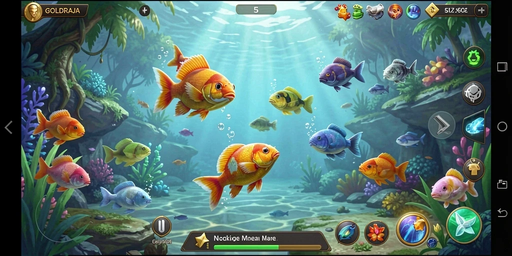 Screenshot gameplay GOLDRAJA menampilkan pemain yang asyik memancing di lautan yang indah.