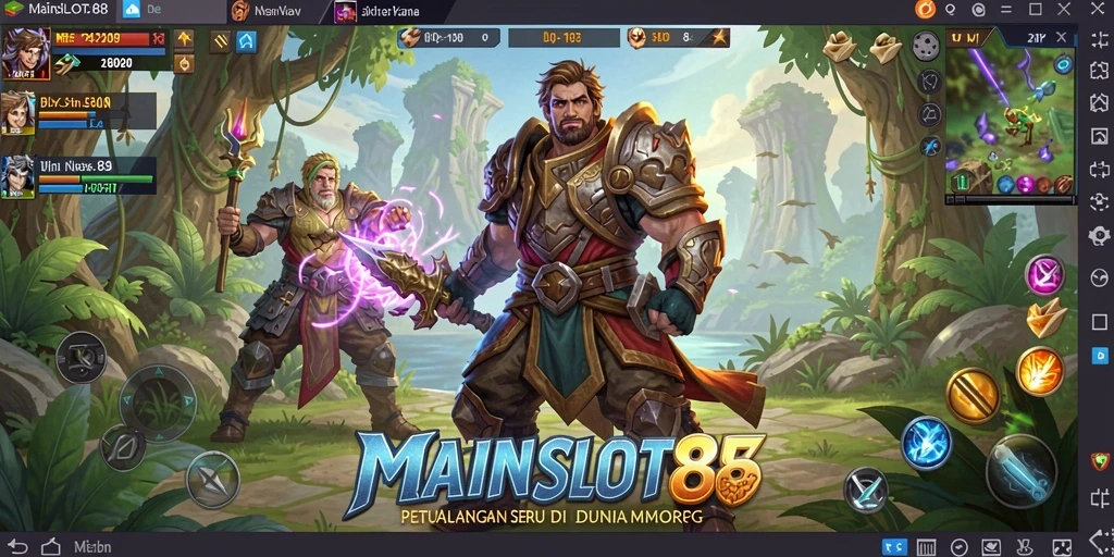 Screenshot utama MAINSLOT88 menampilkan pertarungan epik antara pemain dan monster besar.
