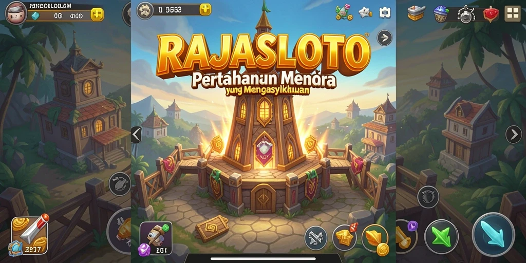 Tampilan utama gameplay RAJASLOTO dengan menara pertahanan yang dinamis.