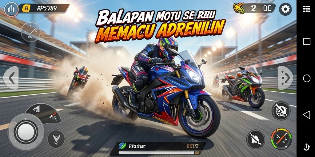 Gameplay RP6789 yang seru dengan balapan motor yang mendebarkan.